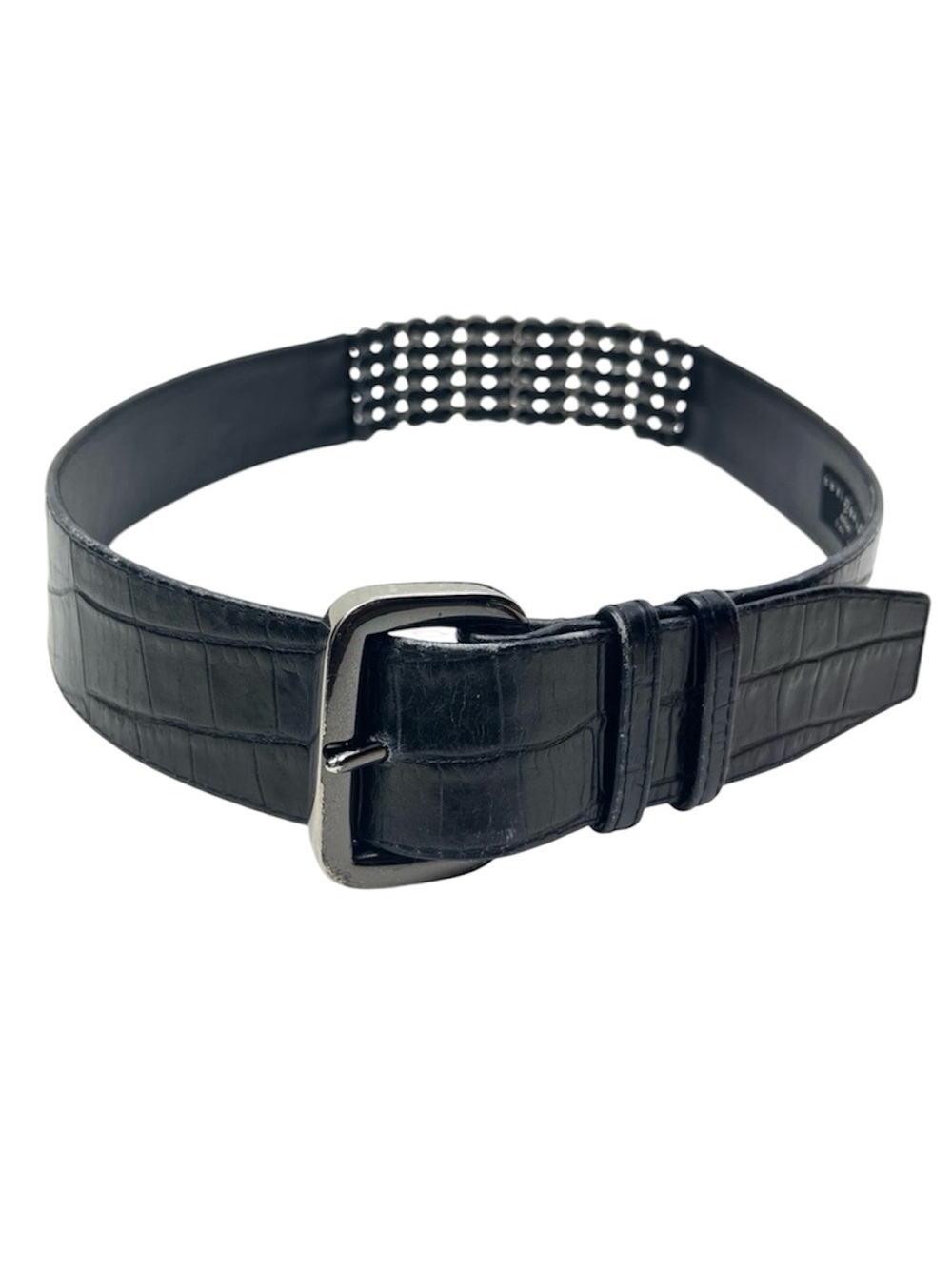 Suzi Roher Women's Black Stretch Embossed Leather Statement Chain Belt